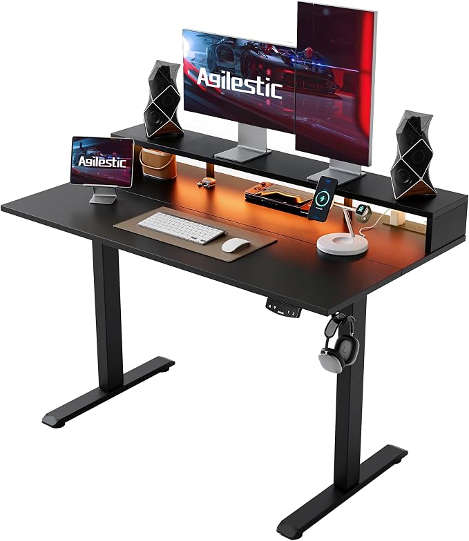Agilestic 55 * 24 Inch Electric Standing Desk with Shelf & Led, Black | Electric Height Adjustable, Outlets&Led, Monitor Stand, Sturdy Steel Frame, Memory Presets, Hooks, 154 lbs, Splice Board by Agilestic