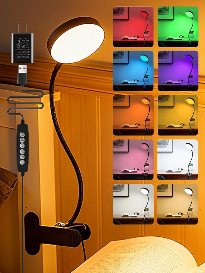 Clip on Light,10 RGB Colors+10 Brightness Small Desk Lamp with Clamp Light | 500 lm Bright 72 LED Desk Light, USB Adapter Reading Lights for Books in Bed/Headboard/Bedside Table/Bedroom/Dorm/Home Office by Unknown