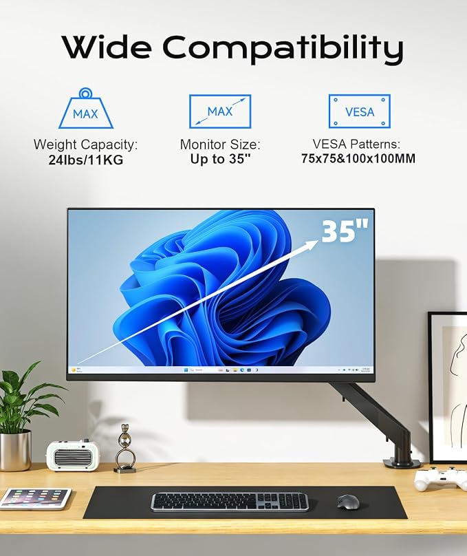 Pholiten Single Monitor Mount for up to 35" Screens | Fully Adjustable Gas Spring Arm, Holds up to 24lb, VESA 75/100mm, Black - Image 2