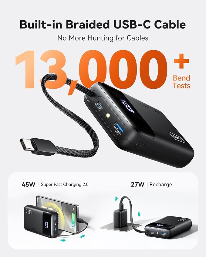INIU 20000mAh Power Bank, Small 45W PD Fast Charging Portable Charger with Built-in USB C Cable, Flight-Safe Travel External Phone Battery Pack for iPhone 17 Pro Max Samsung S26 iPad etc, Jet Black | Flight-Safe, Built in USB-C Cable, Travel Essential,... - Image 4