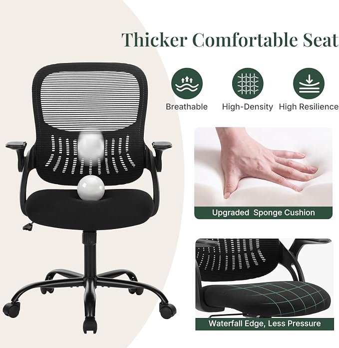 Home Office Desk Chair with Flip-up Armrest, Computer Chair | Lumbar Support, Height Adjustable, Mesh Mid-Back, Ergonomic Task Gaming Chair with 360° Swivel Wheels for Adults, Black - Image 3