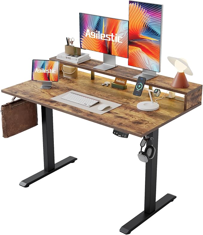 Agilestic 55*24 Inch Electric Standing Desk with Shelf & Led, Rustic Brown | Electric Height Adjustable, Outlets&Led, Monitor Stand, Sturdy Steel Frame, Memory Presets, Hooks, 154 lbs, Splice Board by Agilestic