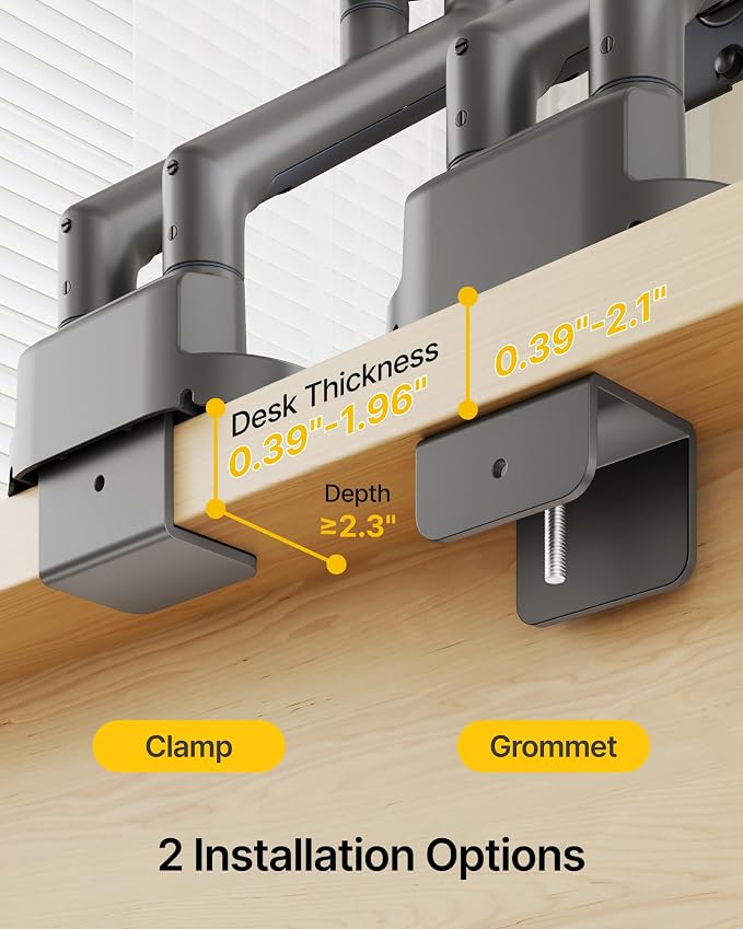 monTEK Aluminum Dual Monitor Arm for 17-35" Screens, 24.3 lbs Each, Gray | Mechanical spring, tension indicator, full motion, VESA 75/100 compatibility, clamp/grommet bases and cable routing - Image 8