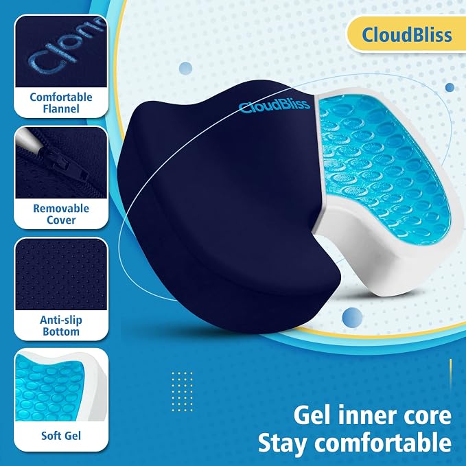 CloudBliss Gel Memory Foam Seat Cushion for Long Sitting, X-Large, Blue | Gel Chair Pad for Tailbone, Coccyx, Sciatica , Soft Suede Cover, Non-Slip , Washable Mesh, for office, home, car - Image 3