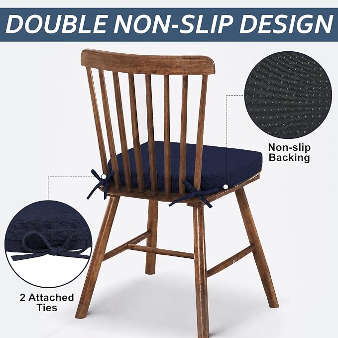 Basic Beyond Chair Cushions for Dining Chairs with Ties and Removable Cover, 2" Thick Seat Cushions for Kitchen Chairs, Set of 6, 17" x 16", Navy - Image 3