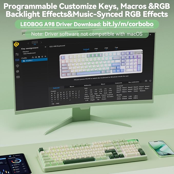 CORBOBO LEOBOG A98-96% Mechanical Keyboard Wireless, Tri-Mode BT5.0/2.4GHz/USB-C, Creamy Keyboard with Number Pad, Gasket Structure Hot Swappable, RGB Backlit Green Gaming Keyboards with Knob for PC - Image 8