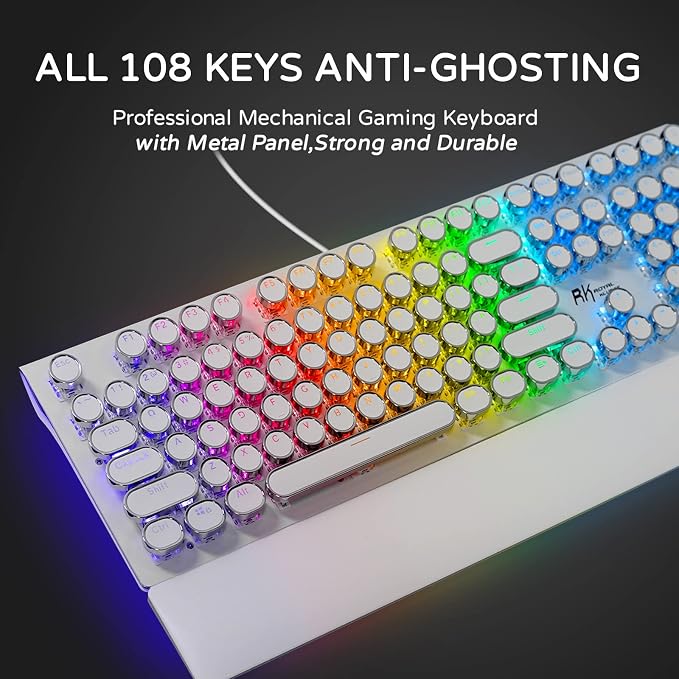 RK ROYAL KLUDGE S108 Typewriter Mechanical Keyboard, Full RGB Gaming Keyboard, Wired PC Game Keyboards with Detachable Wrist Rest and Number Pad, Retro Round Keycaps, Brown Switch White - Image 7