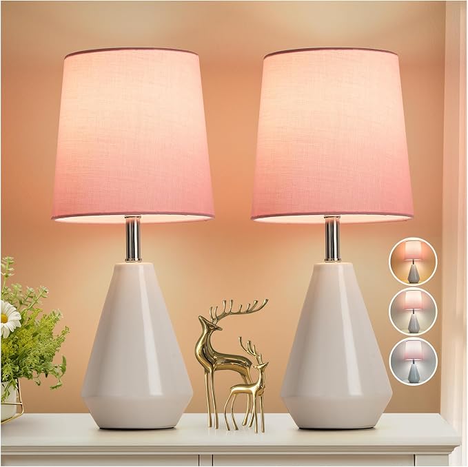 Small Bedside Table Lamp for Bedroom-Reading Desk Lamp Set of 2,with 3 Color Temperatures,15.5" Nightstand Ceramic Lamp with Fabric Shade for Kids Room,Living Room,Dorm,Home Office - Image 9
