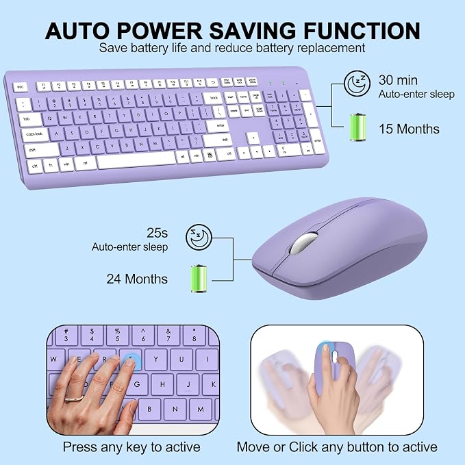 Wireless Keyboard and Mouse Combo, MK258 Full Size Silent Keyboard (Purple) | Silent for Home Office, Optical Mouse, Long Battery Life, 2.4GHz Lag-Free Cordless, for Windows/Mac OS/Desktop/Laptop/PC - Image 3