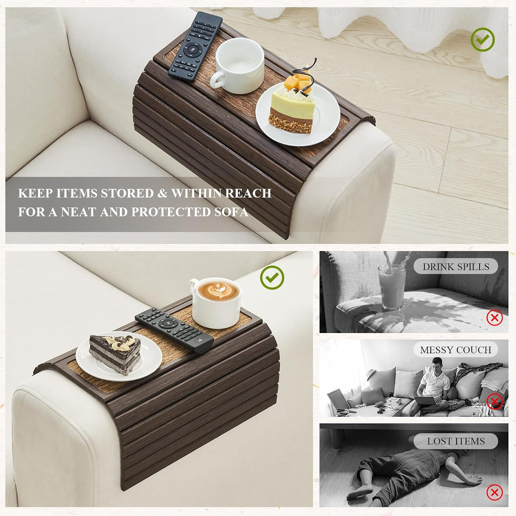 Bamboo Couch Arm Tray Table, Foldable Sofa Arm Tray Brown - Image 3