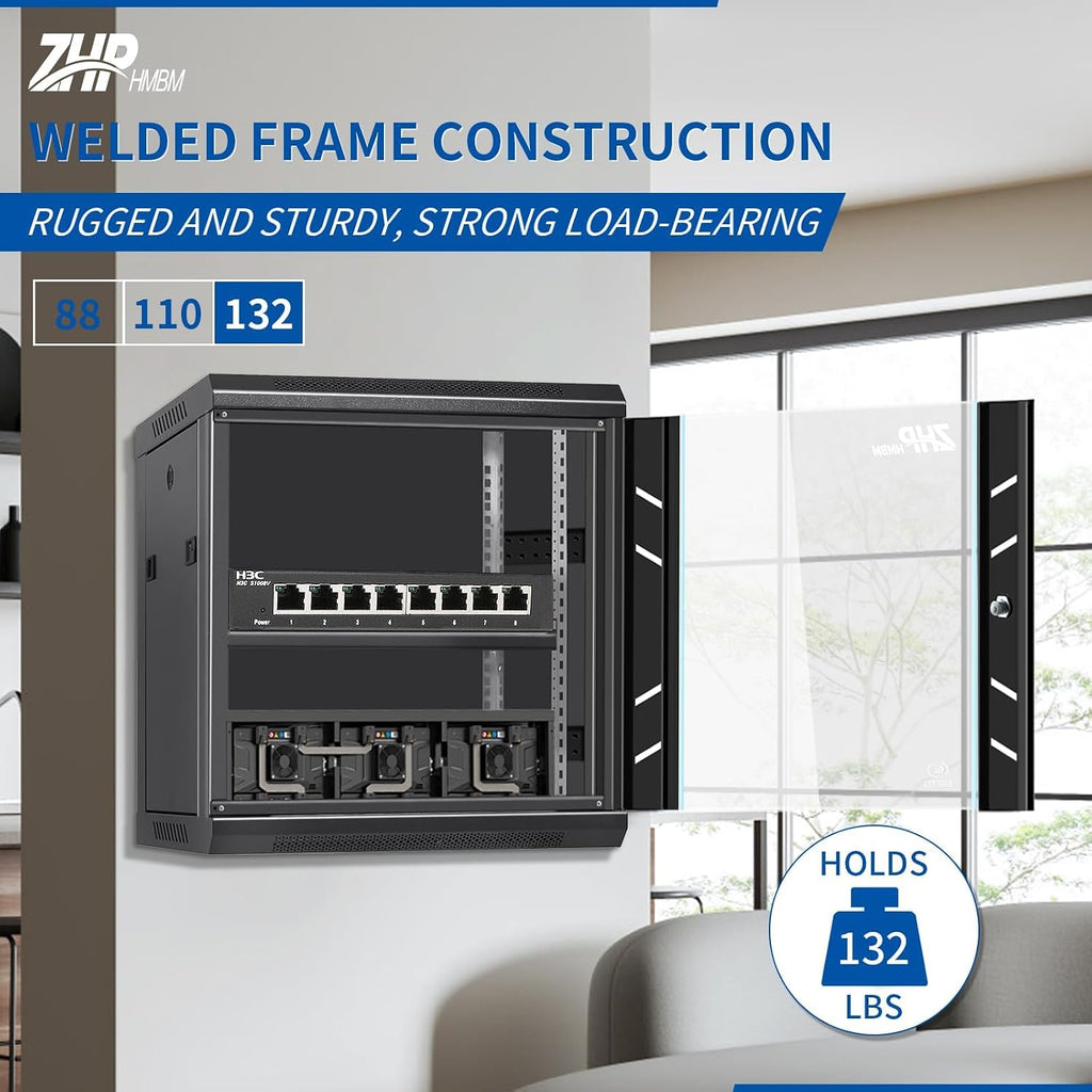 12U Server Rack Cabinet, Wall Mount Network Rack Enclosure Includes Locking Glass Door, Removable Side and Back Panels, 15" Deep Network Data Cabinet for Computer IT and A/V Equipment - Image 6