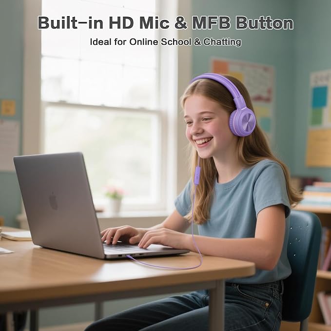 SIMOLIO Manyshare Series- Wired Headphones for Kids, Girls School Headphone with Microphone & Share Port & Volume Limit, Foldable Durable Over Ear Headsets for Tablet Travel Airplane Teens (Purple) - Image 3