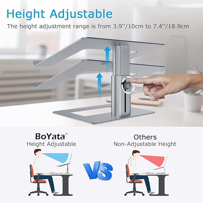 BoYata Laptop Stand, Height Adjustable Laptop Riser for 11-17" Laptops | Ergonomic Laptop Stand for Desk, Ventilated with U-Shaped Open Design, Sturdy Notebook Stand for 10-17'' Laptops, Grey - Image 2