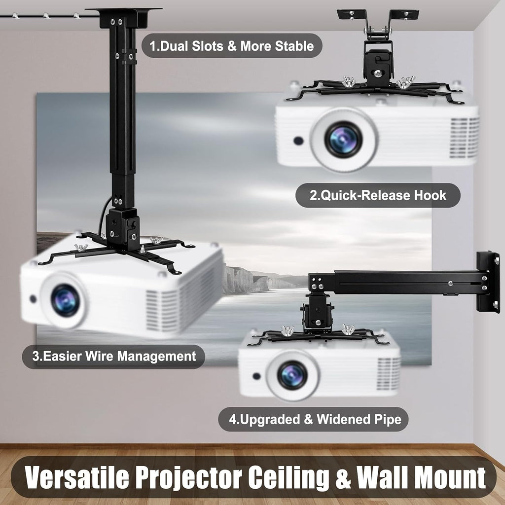 2-Be-Best Projector Ceiling Mount Wide Pipe Universal 3-in-1 Projector Wall Mount Bracket with Adjustable Arm, Flush Mount Option, Built-in Cable Management for Office Home Black - Image 4