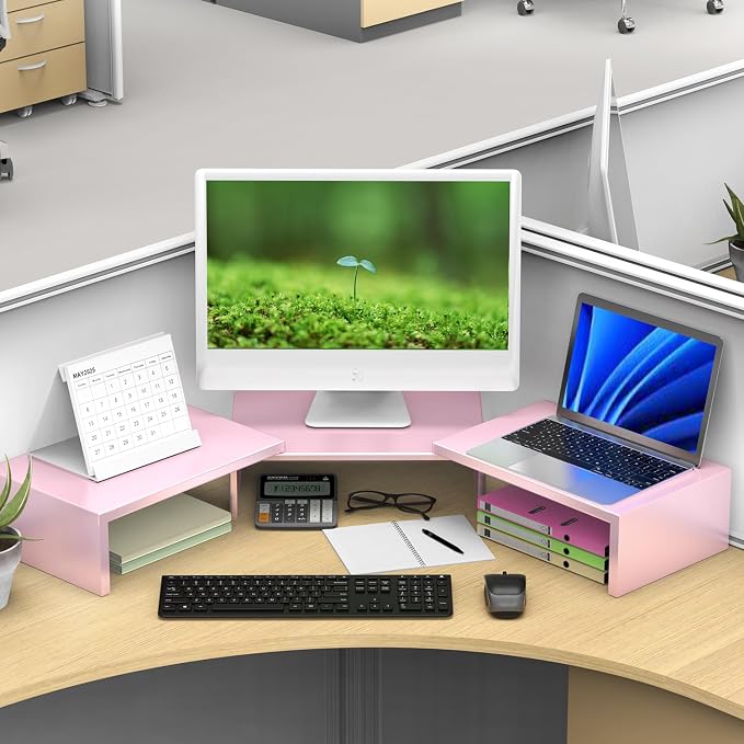 Dual Monitor Stand Riser | Monitor Stand for Desk, Metal Computer Stand, Desk Shelf Riser,Desktop Organizer for Home and Office Use (Pink) - Image 5