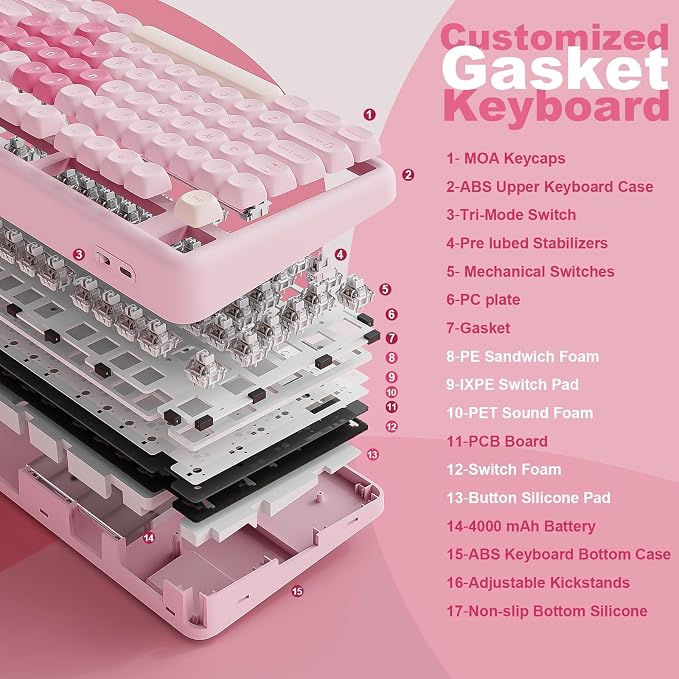 YUNZII B87 TKL Wireless Mechanical Keyboard (Pink, Milk Switch) | QMK/VIA, Wrist Rest, CreamyTyping, Cute MOA Keycaps, Gasket Mount, Hot Swap, RGB Backlit, NKRO, BT/2.4G/USB-C, for Win/Mac - Image 4