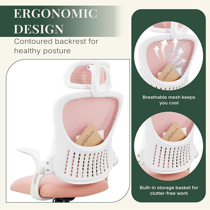 Ergonomic Desk Chair Comfy, Mesh Office Chair, for Home Office | Adjustable Headrests, Flip-up Arms, Breathable Mesh High-Back, Swivel Wheels, for Girls, Pink - Image 7