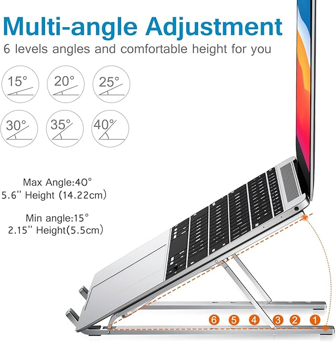 ivoler Laptop Stand, Laptop Holder Riser Computer Tablet Stand, 6 Angles Adjustable Aluminum Ergonomic Foldable Portable Desktop Holder Compatible with 10-15.6” MacBook,iPad, HP, Dell, Lenovo Silver - Image 4