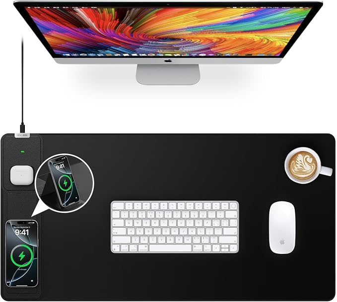 Wireless Charging Mouse Pad with Foldable Phone Holder, 31.5"x15.8", Black | Large Desk Mat for Laptop/Keyboard, Waterproof Ultra-Smooth Surface, Non-Slip Base - Image 8