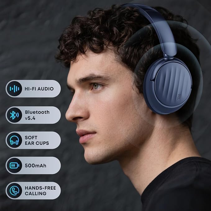 Bluetooth Headphones with Active Noise Cancelling (ANC), Wireless Over Ear Bluetooth Headsets with 35H Playtime, HiFi Stereo Foldable Headphones with Foam Ear Cups for Sports, Travel, Blue - Image 2