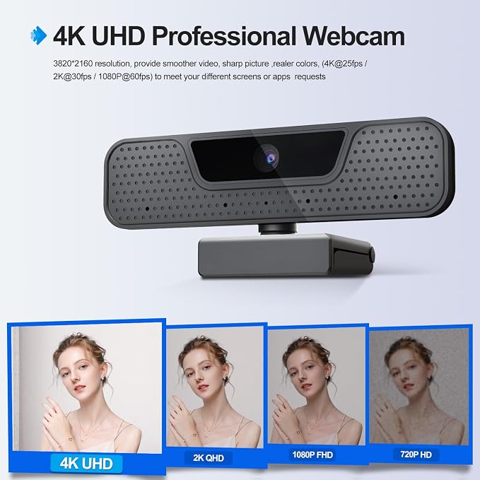 ToLuLu 4K Auto Focus Webcam for PC, 4 AI Noise-Canceling Mics UHD Web cam | Auto Light Correction, 85°FOV Computer Web Camera, USB Plug&Play Webcam with Tripod & Privacy Cover Works w/Zoom/Skype/Google - Image 2