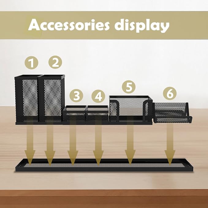 Pen Holder for Desk, 6-Piece Mesh Desk Organizer with Phone Holder, Black | 6-Piece Black Mesh Desk Set Includes Pen Cups, a Sticky Note Caddy and Phone Holder for Office, School, Home - Image 2