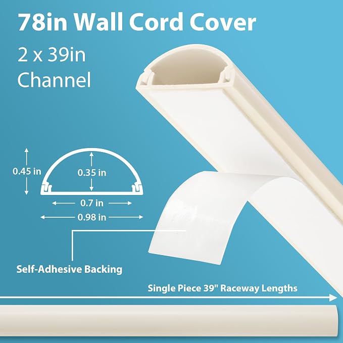 ZhiYo 6.6ft Cord Covers for 1-2 Wires on Wall, 1" W x 0.4" H, Beige | Curved Design, Low-Profile Cord Hider, Self-Adhesive Cable Management Raceway for Wall-Mounted TV Wires, 2 Pack (3.3ft Each) - Image 2