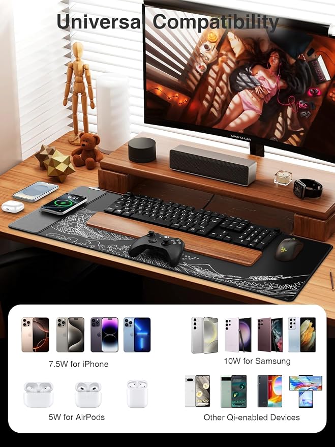 Magnetic Wireless Charging Mouse Pad, 31.5"x15.8" Large Desk Mat | Waterproof Mousepad, Smooth Glide, Stitched Edge, Non-Slip Rubber Base, Desk Pad Computer Keyboard Mat, No Adapter - Image 3