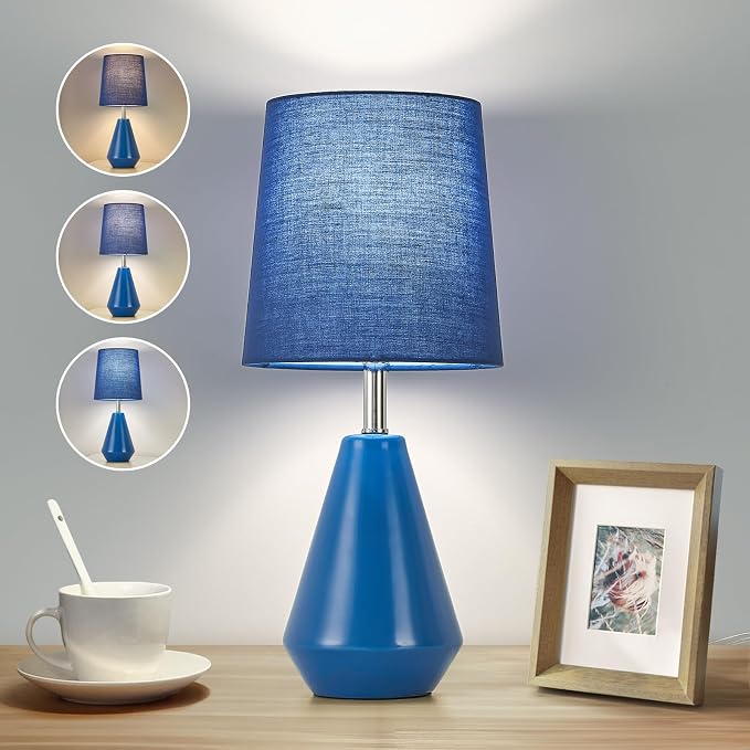 Small Bedside Table Lamp for Bedroom - Reading Desk Lamp with 3 Color Temperatures，15.5" Nightstand Ceramic Lamp with Fabric Shade for Kids Room,Living Room,Dorm,Home Office (Blue) by Illuminatingyoumeandhim