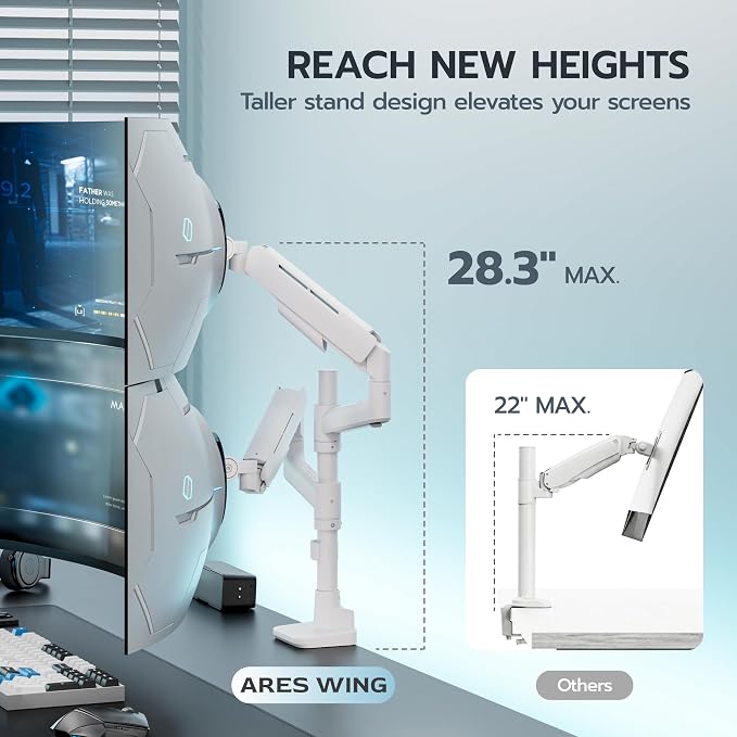 ARES WING Dual Monitor Mount for 17-49 Inch Screen, White | Ultrawide Heavy Duty Computer Monitor Arm Desk Mount for Curved Screen, Gas Spring Adjustable Vesa Stand - Image 3