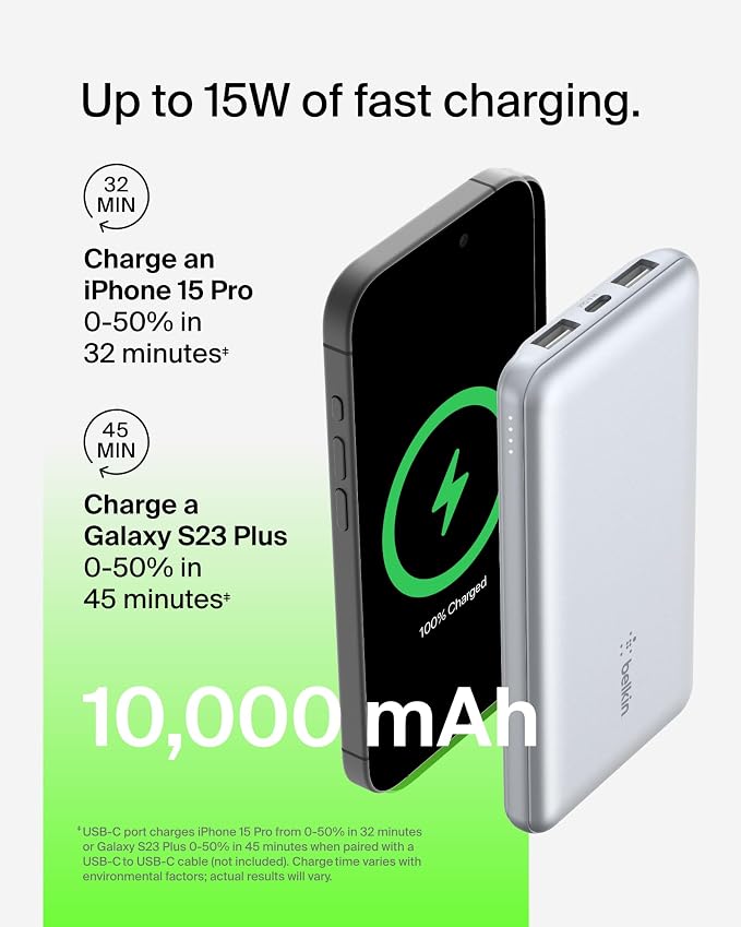 Belkin 10000mAh 15W 3 Port Power Bank, USB A to USB C Cable Included | Fast Charging, iPhone 17, Samsung Galaxy, Pixel, Airpods, iPad, Nintendo Switch 2, Battery Pack, USB C Port, USB A Port - Image 6