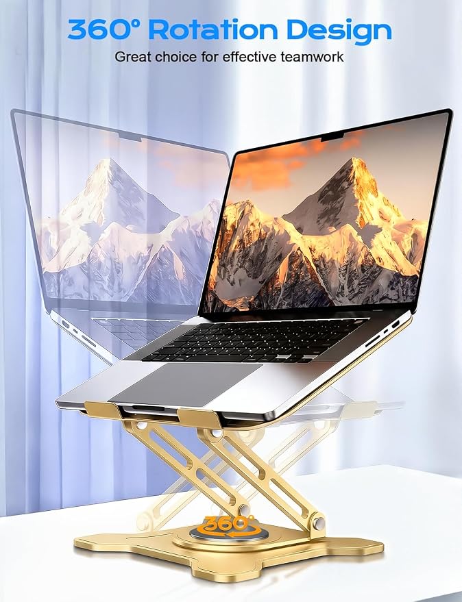 JCZT 360° Rotating Laptop Stand for Desk, Metal Foldable Laptop Riser Gold | Ergonomic Portable Adjustable Laptop Stand, Ventilated Cooling Notebook Holder for MacBook Air Pro, All 10-16'' Laptops - Image 2