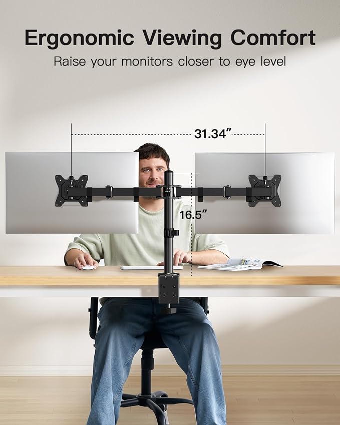 HUANUO Dual Monitor Mount for 2 Monitors up to 32 inches, Heavy Duty Dual Monitor Stand Holds up to17.6lbs, Dual Monitor Arm with Height Adjustable Tilt Swive Rotate, VESA Hole 75mm or 100mm - Image 5