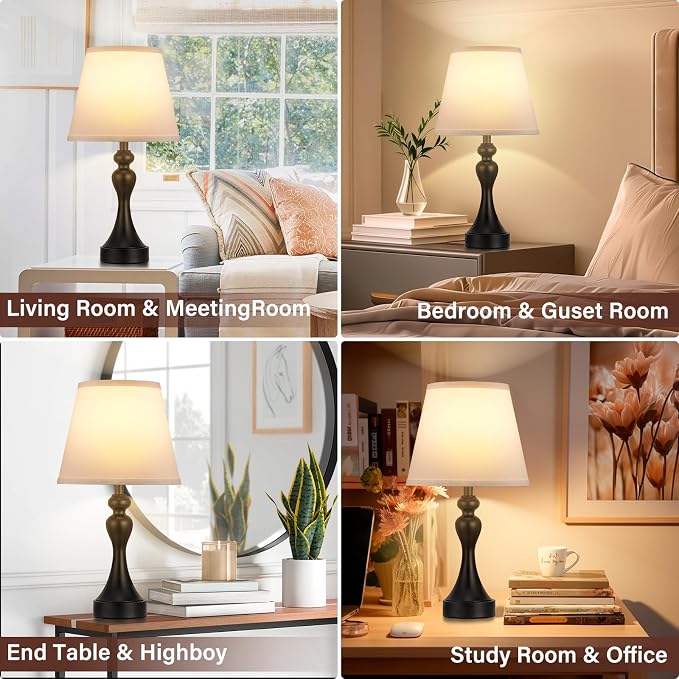 Touch Lamps for Nightstand, 3 Way Dimmable Bedside Lamps with USB C+A Ports | Touch Control, LED Bulb Included, Small Black Table Lamp for Bedroom, Night Stands, End Table, Gift，Corded，White Shade - Image 3