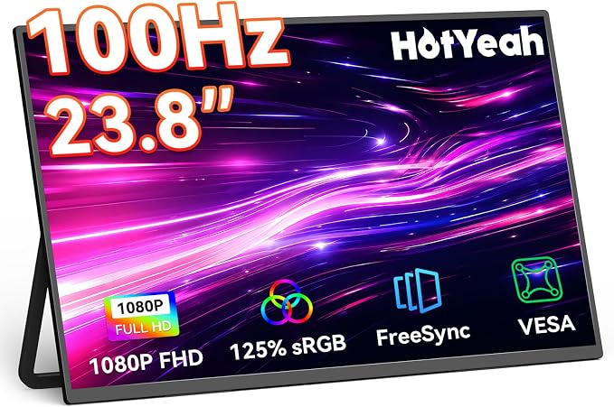 HotYeah 23.8" 100Hz Large Portable Monitor, 1080P FHD 125% sRGB IPS | USB-C HDMI External Laptop Monitor, Home Gaming 2nd Screen with Kickstand for MacBook, Laptop, PC, Phone, Tablet, Switch, PS5 by HotYeahMonitor