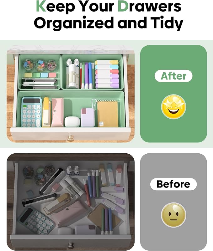 10 Pack Large Size Plastic Drawer Organizers Set, 3 Sizes Desk Drawer Organizer Trays, Storage Bins for Vanity, Makeup, Bathroom, Kitchen Utensils and Office (Green) - Image 4
