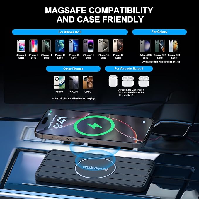 Wireless Car Charger Pad, 15W Fast Charging Pad with 70cm Extension Cable, Non Slip Car Wireless Phone Charger Mat Compatible with iPhone 16/15/14/13, AirPods, Samsung S25 S24(Extension USB-C) - Image 3