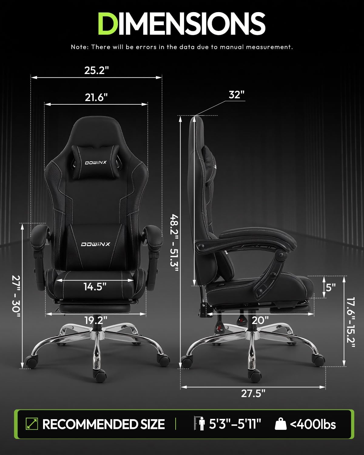 Dowinx Ergonomic Gaming Chair with Footrest & Massage Lumbar, 2D-Linkage Armrests for Computer Chair 330lbs with Headrest Pillow for Office, Home, Streaming and Long Gaming Sessions, Black - Image 3