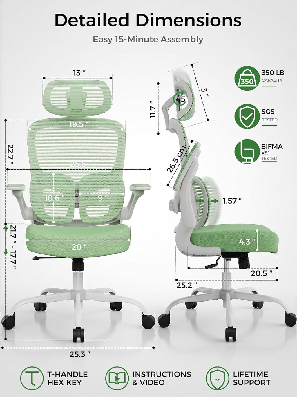 Ergonomic Office Desk Chair, Adjustable Dual Lumbar Support & Thick Seat - Image 2