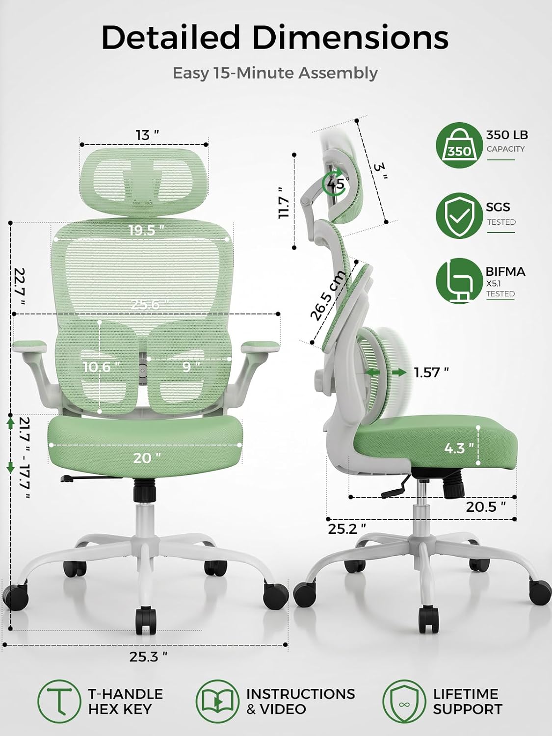 Ergonomic Office Desk Chair, Adjustable Dual Lumbar Support & Thick Seat - Image 2