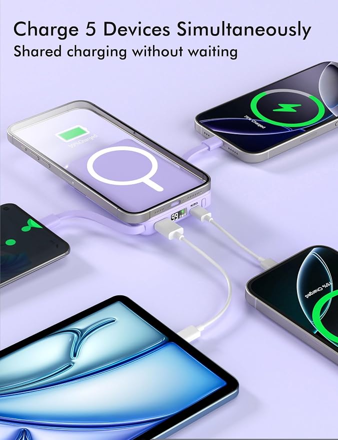 podoru for Magsafe Power Bank, 10000mAh Magnetic Portable Charger | Built-in Double USB-C Cables, 20W PD Fast Charging Wireless Battery pack for iPhone 17/16/15/14/13/12 Series-Purple - Image 2