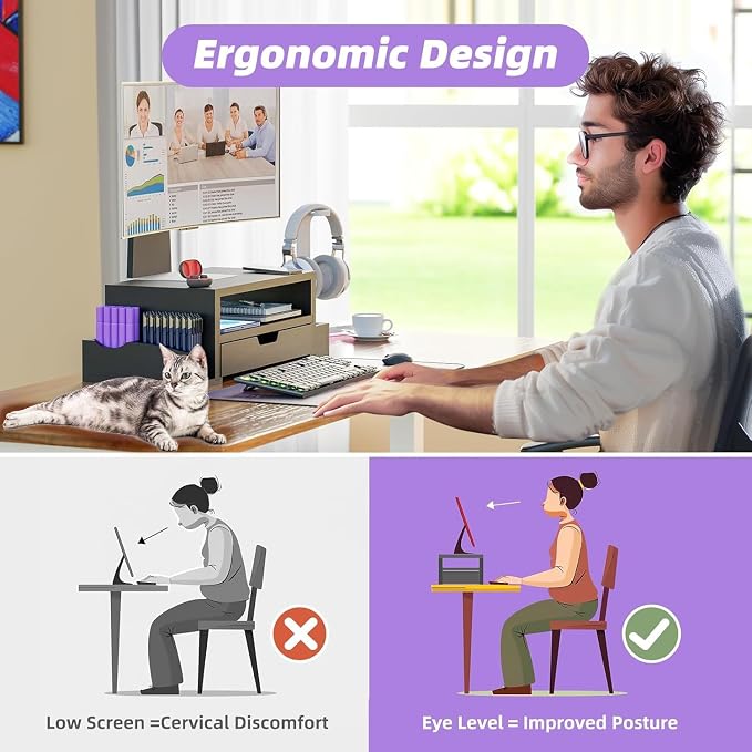Simple Trending Wood Monitor Stand Riser, Desktop Oraganizer, Black | Desk Organizer and Accessories, Laptop & Printer Stand, Drawer & Pen Holder, for Home Office, 20.25"W x 9.25"D x 5.5"H - Image 8