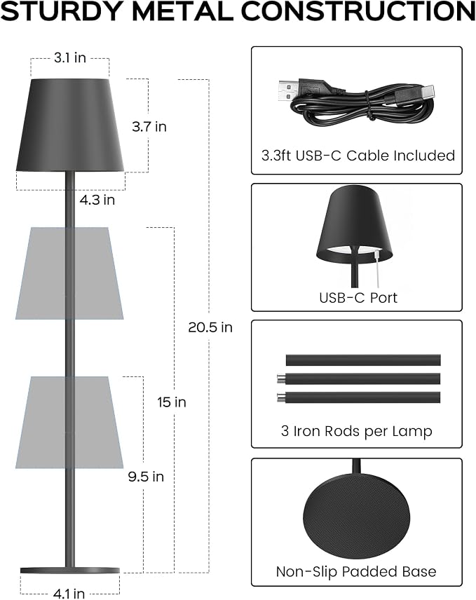 JACKYLED Cordless Table Lamps Rechargeable, 3 Adjustable Height, 5000 Capactiy Operated, 3 Colors Smooth Dimming, Portable LED Waterproof Table Lamp for Dining, Bedroom, Outdoor (2 Pack) - Image 4