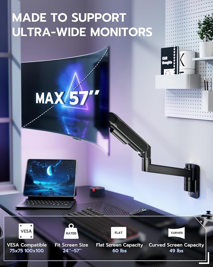 ARES WING Monitor Wall Mount for 24-57 Inch Ultrawide Screen, Black | Premium Heavy Duty Gaming Monitor Arm for 60 lbs, Full Motion Gas Spring, Bearing Head for Easy Adjustment, 75/100 VESA Mount - Image 2