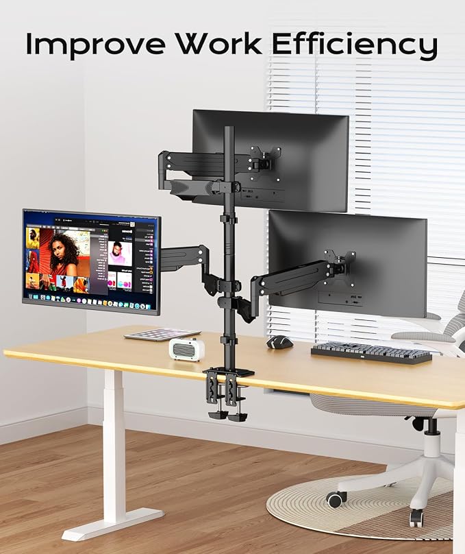 Pholiten Triple Monitor Mount, 3 Gas Spring Arms for Up to 32" | Fully Adjustable Heavy Duty Cable Management Monitor Stand, Each Arm Holds 22 lbs - Image 9