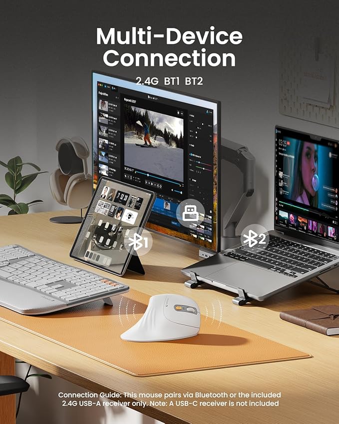 ProtoArc EM11 NL Wireless Ergonomic Vertical Mouse, White | 58° vertical design supports a natural wrist posture; connect 3 devices via Bluetooth/2.4G USB-A; 500mAh USB-C rechargeable. - Image 3