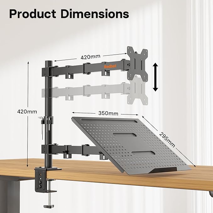 Redbat Monitor and Laptop Mount Stand, Fully Adjustable Monitor Arm with Vented Tray for 13" to 32" LCD Screens and Notebook up to 16", Holds up to 22lbs, VESA Compatible, Dual Mounting Options | Fully Adjustable Monitor Arm with Vented Tray for LCD Sc... - Image 5