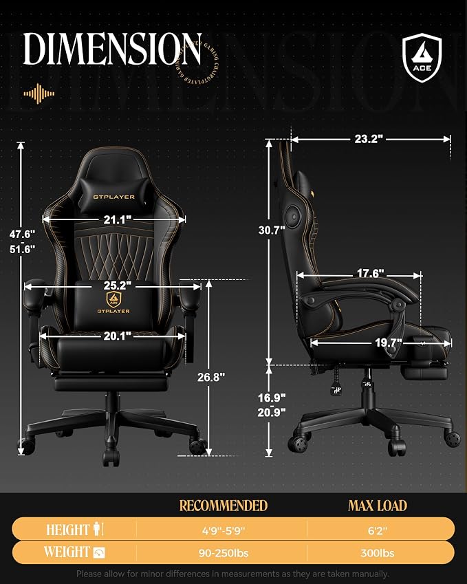 GTPLAYER Gaming Chair with Speakers, Video Game Chairs with Footrest, PC Gamer Chairs for Adults - Padded High Back Ergonomic Reclining Silla Gamer, Linkage Armrest, Ace Pro, Black & Orange Stitch - Image 2