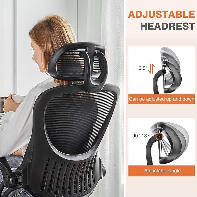 Sweetcrispy Computer Desk Chair, Mesh Office Chair with Lumbar Support | Ergonomic High-Back, Rolling Work, Adjustable Headrests, Flip-up Arms, Home Bedroom Study, Black - Image 3