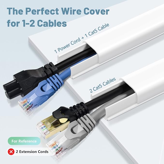 ZhiYo 73" Cord Covers for Wires on Wall, White Cord Hider, 0.7" W x 0.4" H | Fits 2 Cords, Premium Paintable Raceway for Wall-Mounted TV, Self-Adhesive Wire Hider for Extension Cords & Ethernet Cables - Image 2